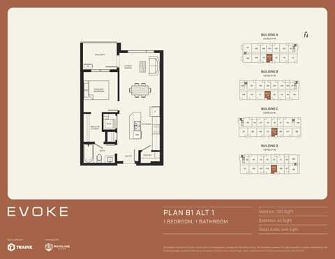 A floor plan for an apartment named EVOKE, detailing the layout of the interior and exterior spaces.